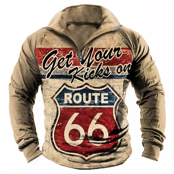 Men's Vintage Route 66 Print Zip Polot Shirt - Nikiluwa.com 