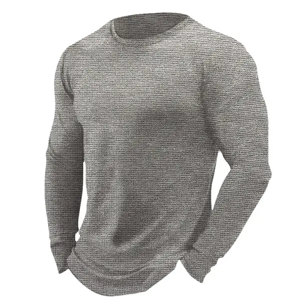 Men's Vintage Casual Waffle Round Neck Long Sleeve T-Shirt - Sanhive.com 
