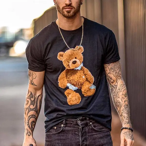 Round Neck Short Sleeve Bear T-shirt - Leanarea.chimpone.com 