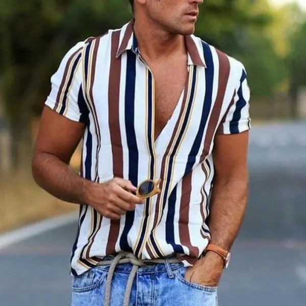 Lapel striped printed casual short-sleeved holiday fashion men's shirt - Leanarea.chimpone.com 