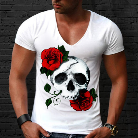 Rose Skull Fashion Graphic V Neck T shirt