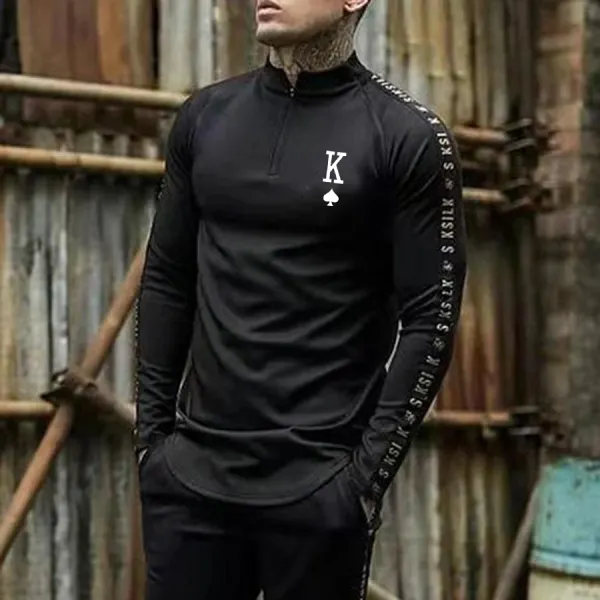 Fashion casual printed stand collar long sleeve T-shirt - Leanarea.chimpone.com 