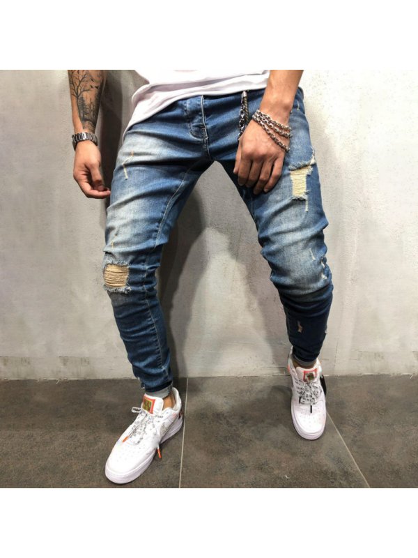 Men's Fashion Blue Tattered Jeans - kalesafe.com