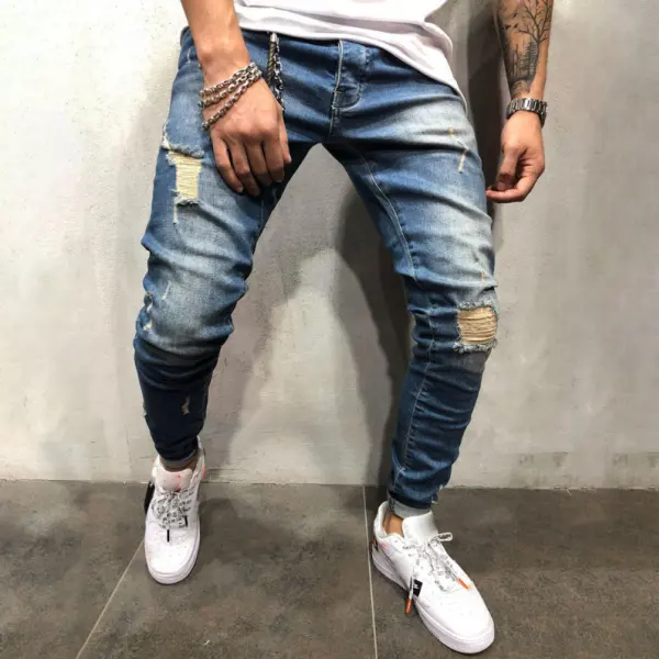 Men's Fashion Blue Tattered Jeans - Leanarea.chimpone.com 