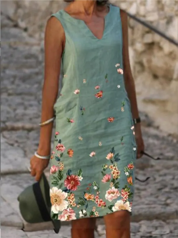 Fashion V-neck Printed Sleeveless Dress - Realyiyi.com 