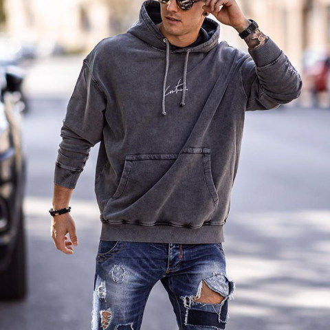 Dark grey hoodie mens vintage basic long sleeve sweatshirt