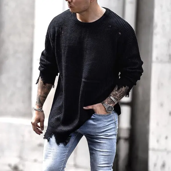Men's trend black long-sleeved knitted top - Fineyoyo.com 