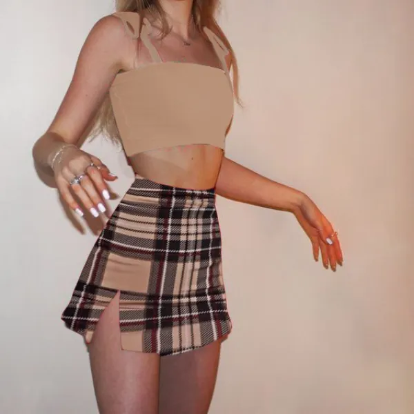 Womens summer suspender plaid suit skirt - Leanarea.chimpone.com 