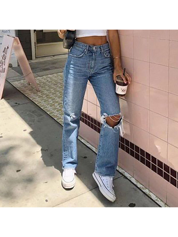 High-Waisted Ripped Light Wash Slim Straight Jeans - Inkshe.com 
