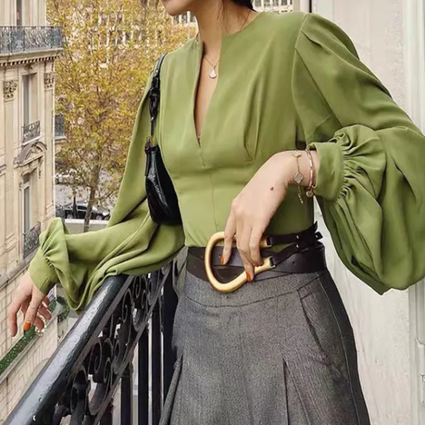 Fashion V neck long sleeve shirt - Leanarea.chimpone.com 