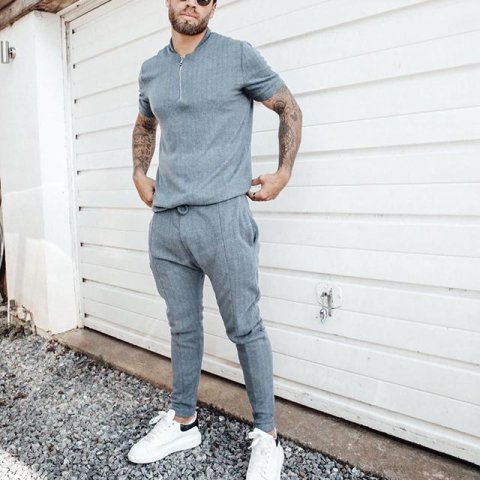Men's casual zipper short sleeve T-shirt sports suit