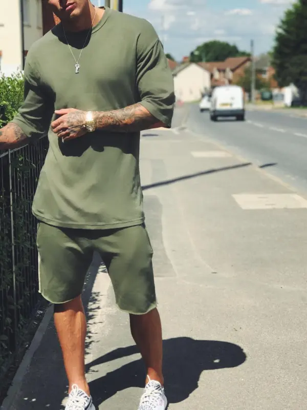 Men's casual military green short-sleeved T-shirt shorts sports suit - Inkshe.com 