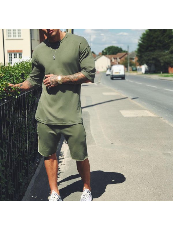 Men's casual military green short-sleeved T-shirt shorts sports suit - Inkshe.com 