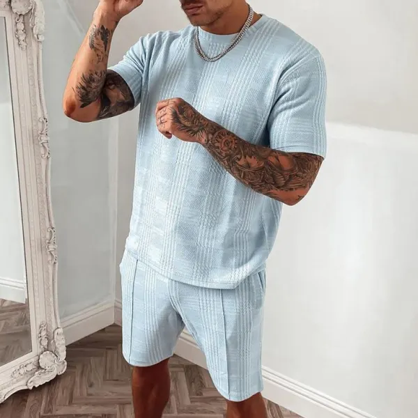 Men's casual blue plaid pattern short-sleeved T-shirt sports suit - Leanarea.chimpone.com 