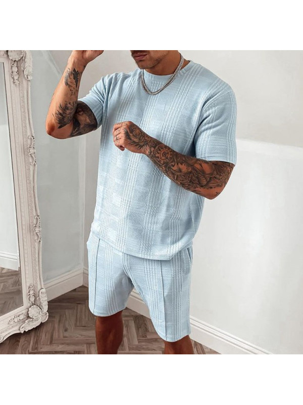 Men's casual blue plaid pattern short-sleeved T-shirt sports suit - Inkshe.com 