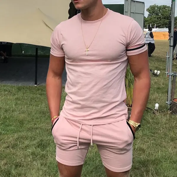 Men's casual pink round neck shorts sports suit - Leanarea.chimpone.com 