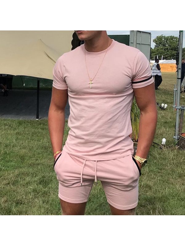 Men's casual pink round neck T-shirt shorts sports suit - Inkshe.com 