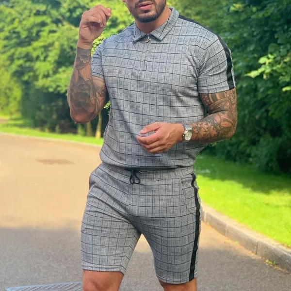 Men's casual plaid pattern short sleeve polo shirt shorts suit - Leanarea.chimpone.com 