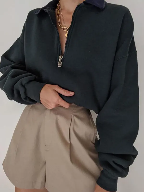 Ladies casual retro zipper collar loose sweatshirt - Inkshe.com 