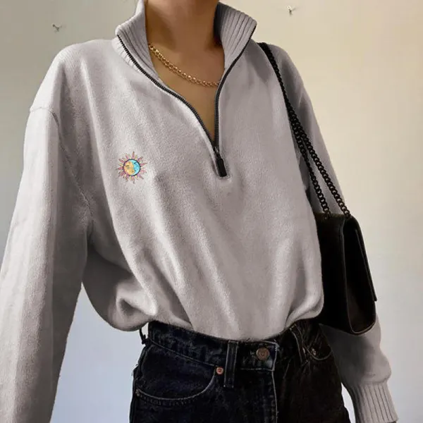 Ladies casual Zipper Collar Loose Woolen Knit - Leanarea.chimpone.com 