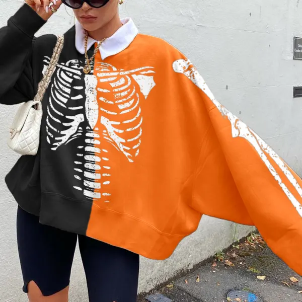 Black Orange Skull Print Sweatershirt - Leanarea.chimpone.com 