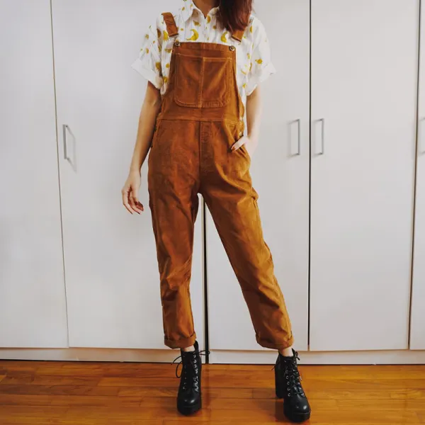 Ladies casual retro corduroy loose jumpsuit trousers - Leanarea.chimpone.com 