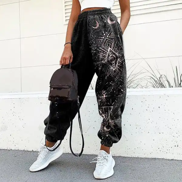 Ladies casual retro sun starry sky print loose fitness sweatpants trousers - Leanarea.chimpone.com 