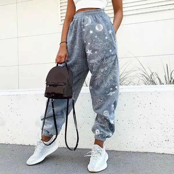 Ladies casual retro sun starry sky print loose fitness sweatpants trousers - Leanarea.chimpone.com 