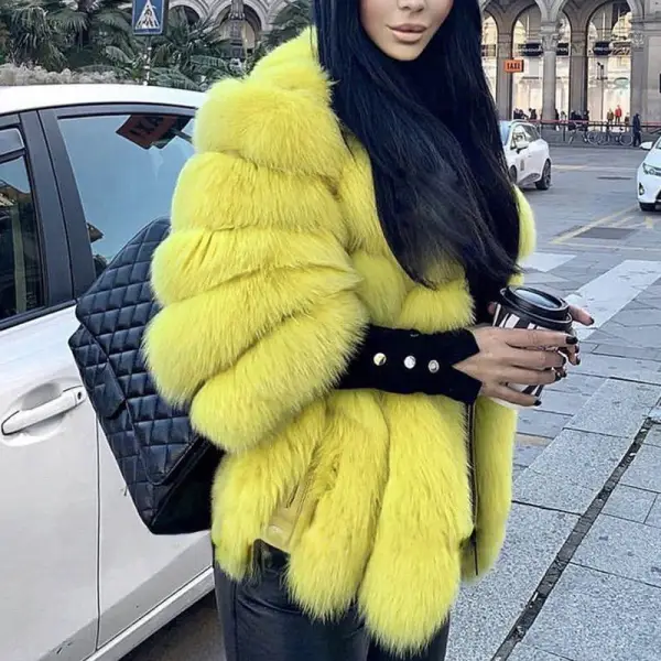 Elegant Pure Colour Long Sleeve Fur Overcoat - Leanarea.chimpone.com 
