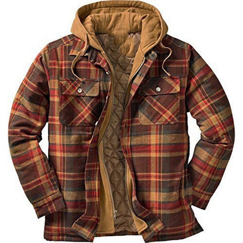 Mens Winter Plaid Thick Chic Casual Hoodie Jacket