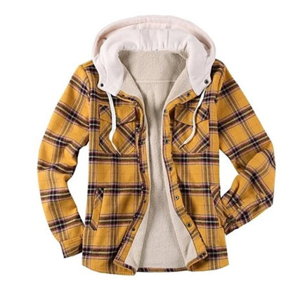 Hooded Casual Plaid Pocket Long Sleeve Jacket Shirt