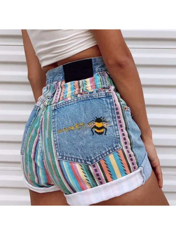 Fashion Color Striped Stitching Denim Shorts - Realyiyi.com 