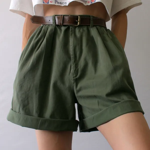Vintage High-waist Solid Color Shorts - Ootdyouth.com 