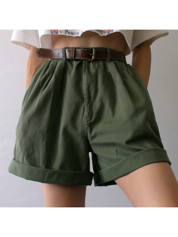 Vintage High-waist Solid Color Shorts - Spiretime.com 
