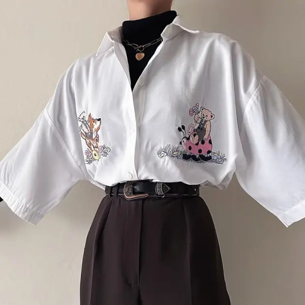 Women's Retro Cute Bear Quarter Sleeve Shirt - Relieffe.com 