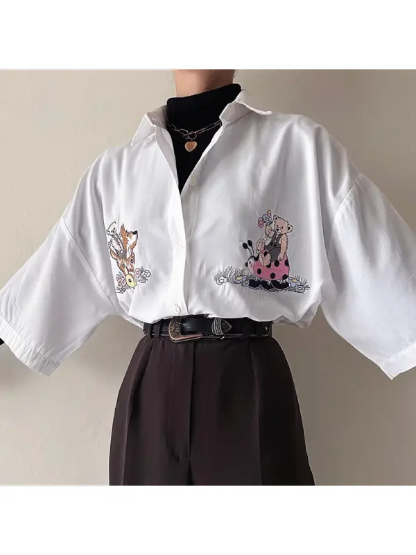 Women's Retro Cute Bear Quarter Sleeve Shirt - Onevise.com 