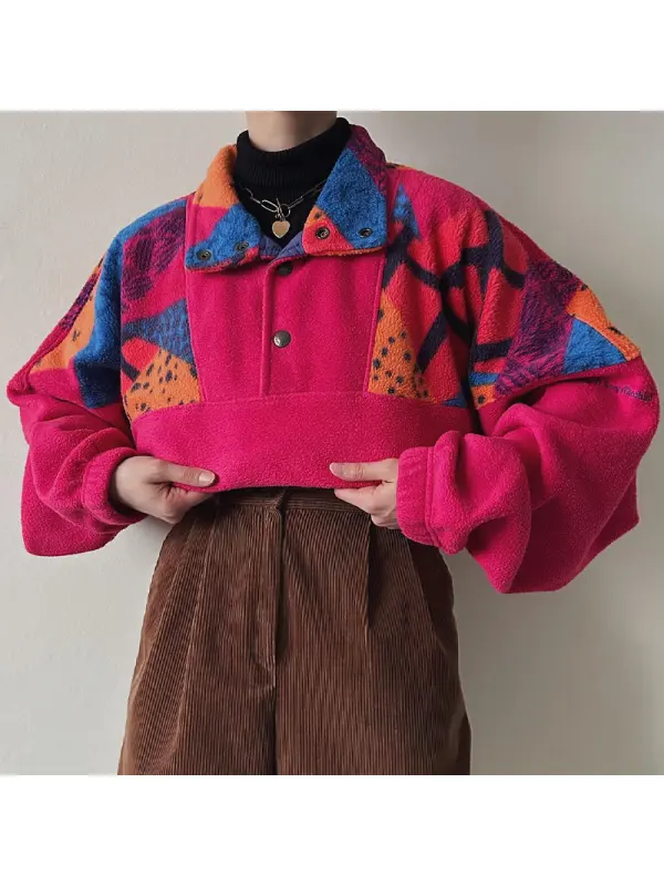 Women's Vintage Fleece Lapel Sweatshirt - Onevise.com 