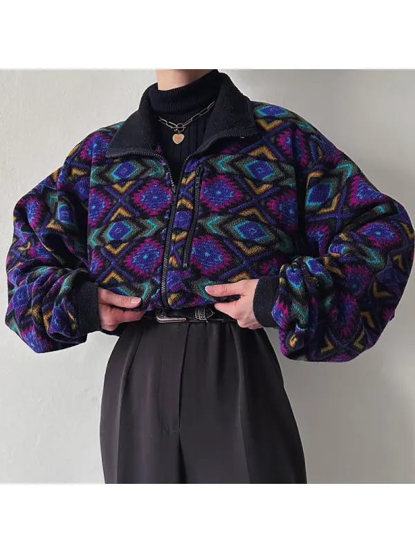 Women's Retro Ethnic Textured Fleece Half-zip Sweatshirt - Onevise.com 