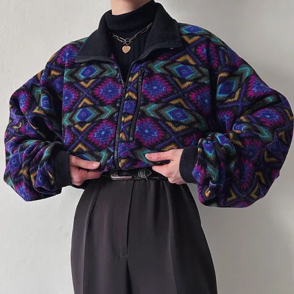 Women's Retro Ethnic Textured Fleece Half-zip Sweatshirt - Relieffe.com 