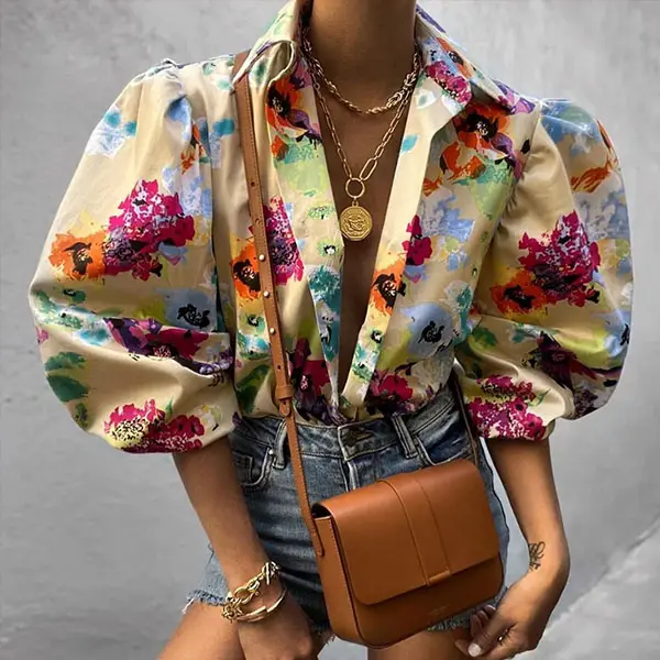 Ladies casual retro street style printed V-neck puff sleeve shirt top - Leanarea.chimpone.com 