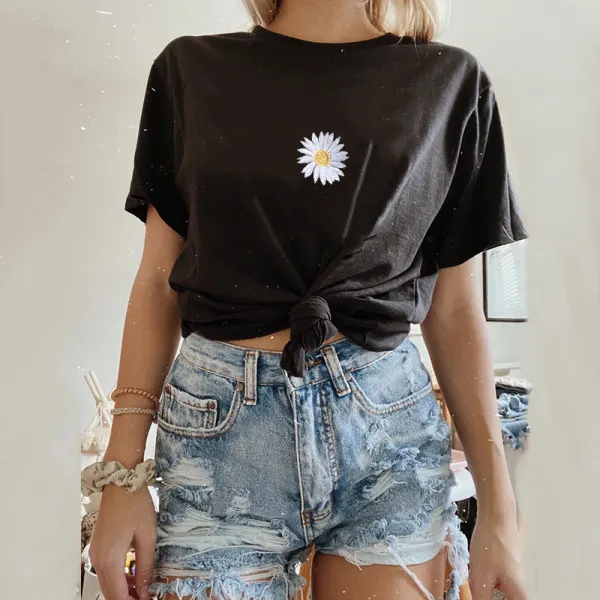 Short Sleeve Loose Embroidered Chrysanthemum T-shirt - Leanarea.chimpone.com 