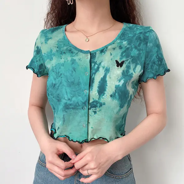 Vintage Girly Butterfly Embroidery Tie-dye T-shirt - Leanarea.chimpone.com 