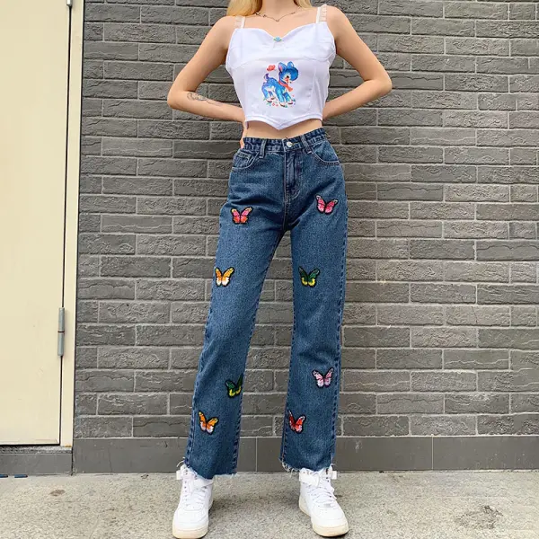 Butterfly embroidered straight jeans casual trousers - Leanarea.chimpone.com 
