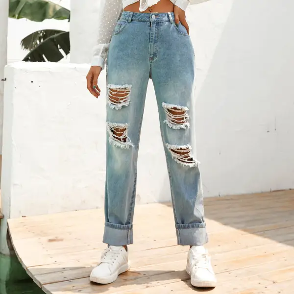 Vintage washed high waist denim ripped trousers - Leanarea.chimpone.com 