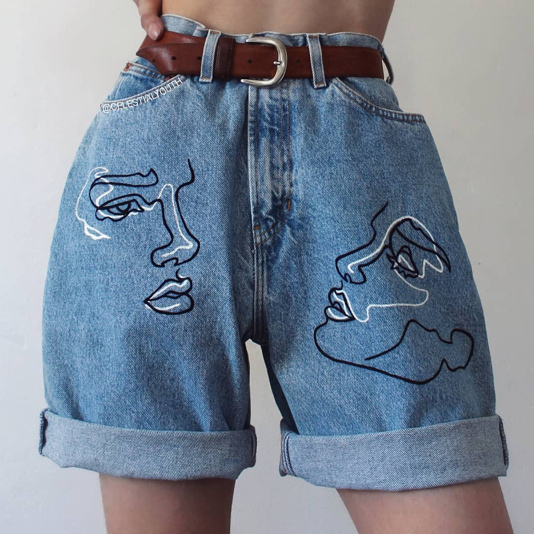 printed denim shorts