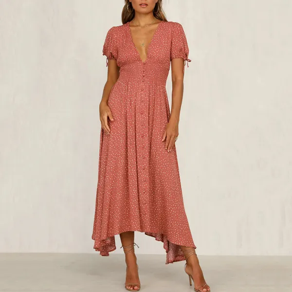 V-neck Short sleeves Button Shirred dress - Leanarea.chimpone.com 