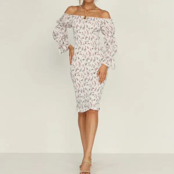 Fashion off-the-shoulder printed tight mid-length bag hip skirt spring and summer sweet style - Leanarea.chimpone.com 