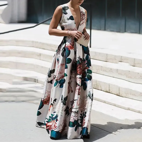 Elegant v-neck sleeveless waist dress - Leanarea.chimpone.com 