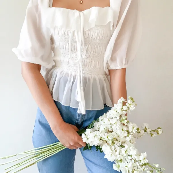 square neck quarter sleeves White smocked top - Leanarea.chimpone.com 