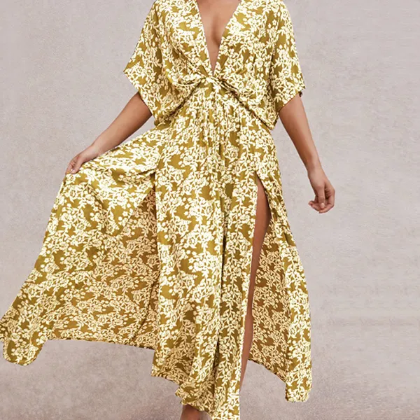 Bohemian holiday style deep V sexy floral short sleeve dress - Leanarea.chimpone.com 